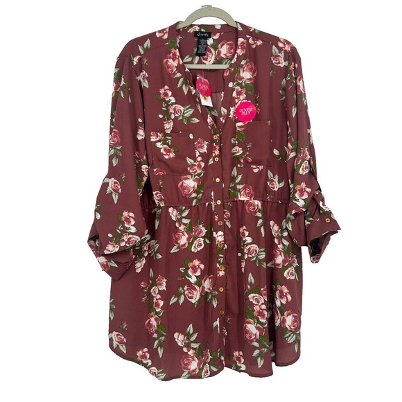 NEW Justify Boho Pink Floral Tunic Button Up Top Flowy Juniors Plus Size 2X - Picture 1 of 10